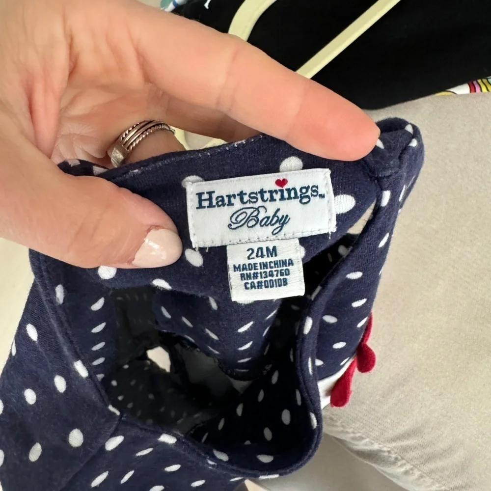 Hartstrings polka dots appliqué bubble romper hat set navy baby girl toddler VTG